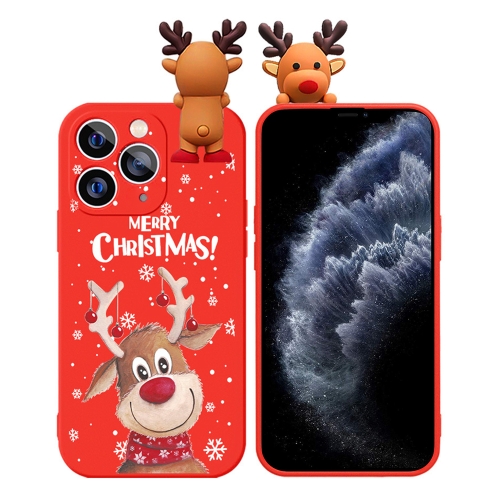 

For iPhone 11 Pro Max Colored Drawing Deer Relief Doll Soft TPU Phone Case(Christmas Elk)