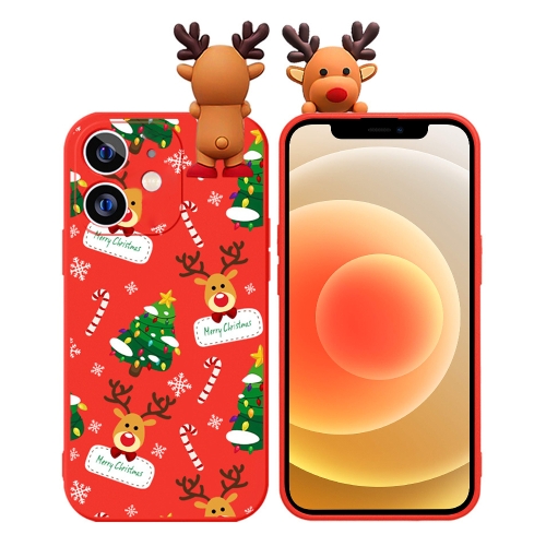 

For iPhone 12 Colored Drawing Deer Relief Doll Soft TPU Phone Case(Christmas Tree and Deer)