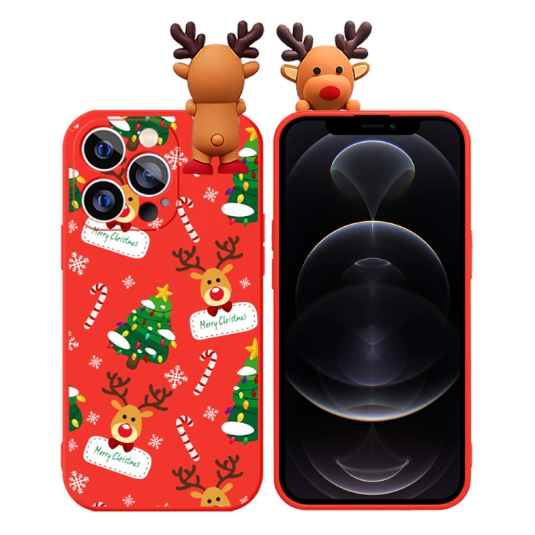 

For iPhone 12 Pro Max Colored Drawing Deer Relief Doll Soft TPU Phone Case(Christmas Tree and Deer)