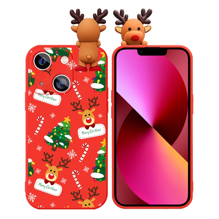

For iPhone 13 Colored Drawing Deer Relief Doll Soft TPU Phone Case(Christmas Tree and Deer)
