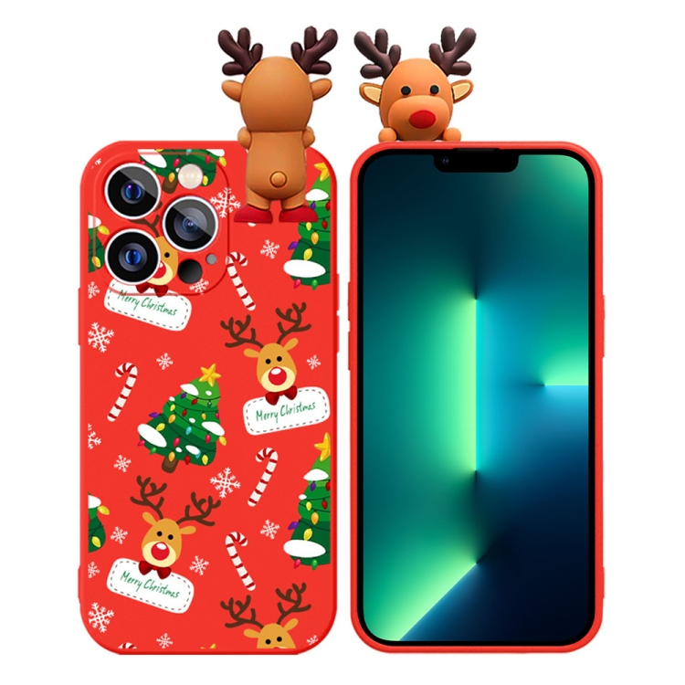 

For iPhone 13 Pro Colored Drawing Deer Relief Doll Soft TPU Phone Case(Christmas Tree and Deer)