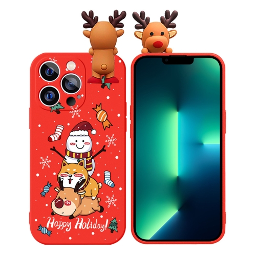 

For iPhone 13 Pro Colored Drawing Deer Relief Doll Soft TPU Phone Case(Snowman and Deer)