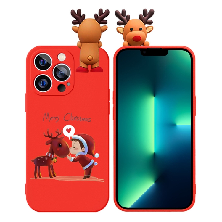 

For iPhone 13 Pro Max Colored Drawing Deer Relief Doll Soft TPU Phone Case(Child and Deer)