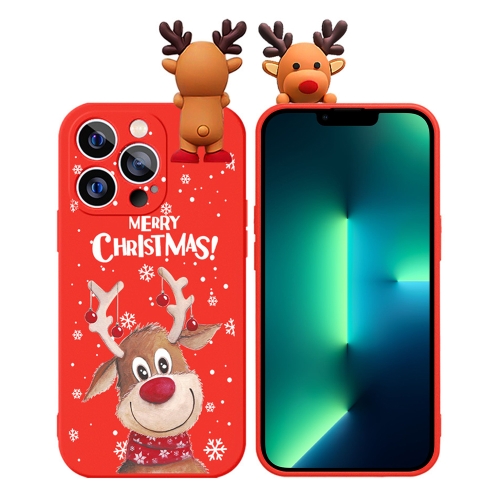 

For iPhone 13 Pro Max Colored Drawing Deer Relief Doll Soft TPU Phone Case(Christmas Elk)