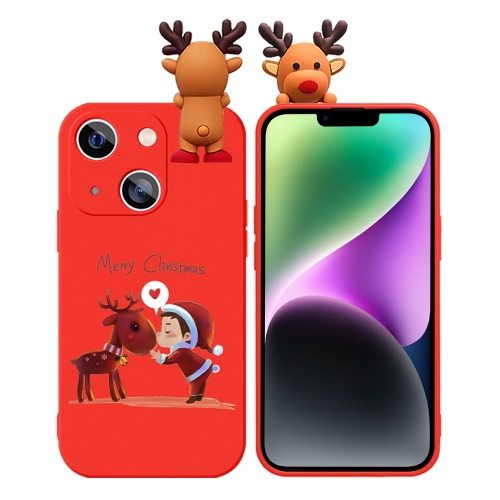 

For iPhone 14 Plus Colored Drawing Deer Relief Doll Soft TPU Phone Case(Child and Deer)