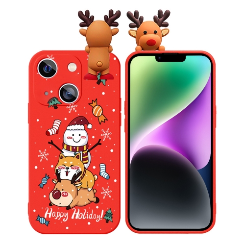 

For iPhone 14 Plus Colored Drawing Deer Relief Doll Soft TPU Phone Case(Snowman and Deer)