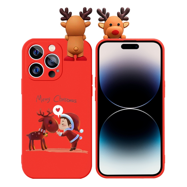 

For iPhone 14 Pro Colored Drawing Deer Relief Doll Soft TPU Phone Case(Child and Deer)
