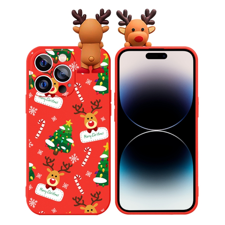 

For iPhone 14 Pro Colored Drawing Deer Relief Doll Soft TPU Phone Case(Christmas Tree and Deer)