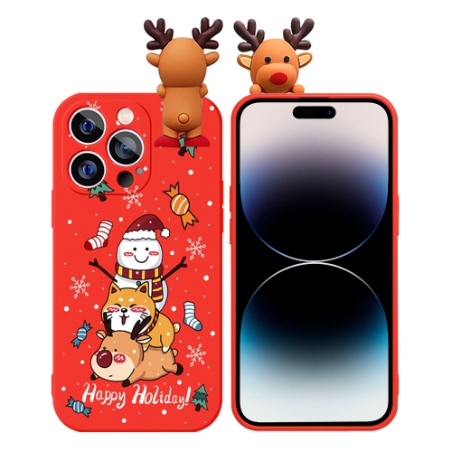 

For iPhone 14 Pro Colored Drawing Deer Relief Doll Soft TPU Phone Case(Snowman and Deer)