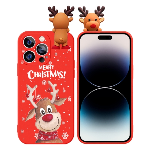 

For iPhone 14 Pro Colored Drawing Deer Relief Doll Soft TPU Phone Case(Christmas Elk)