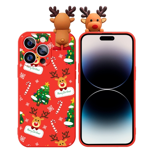 

For iPhone 14 Pro Max Colored Drawing Deer Relief Doll Soft TPU Phone Case(Christmas Tree and Deer)