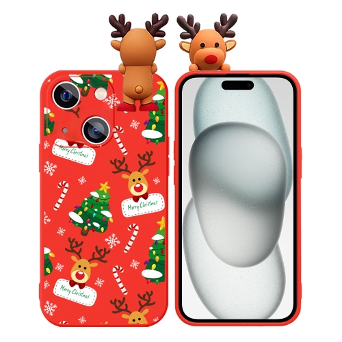 

For iPhone 15 Colored Drawing Deer Relief Doll Soft TPU Phone Case(Christmas Tree and Deer)