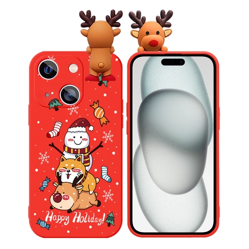 

For iPhone 15 Colored Drawing Deer Relief Doll Soft TPU Phone Case(Snowman and Deer)