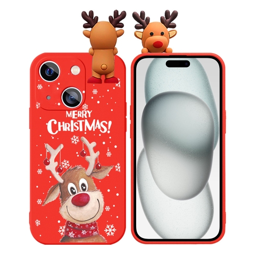 

For iPhone 15 Plus Colored Drawing Deer Relief Doll Soft TPU Phone Case(Christmas Elk)