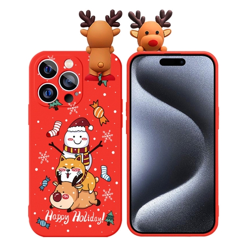 

For iPhone 15 Pro Colored Drawing Deer Relief Doll Soft TPU Phone Case(Snowman and Deer)