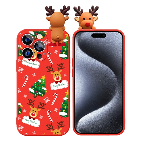 

For iPhone 15 Pro Max Colored Drawing Deer Relief Doll Soft TPU Phone Case(Christmas Tree and Deer)