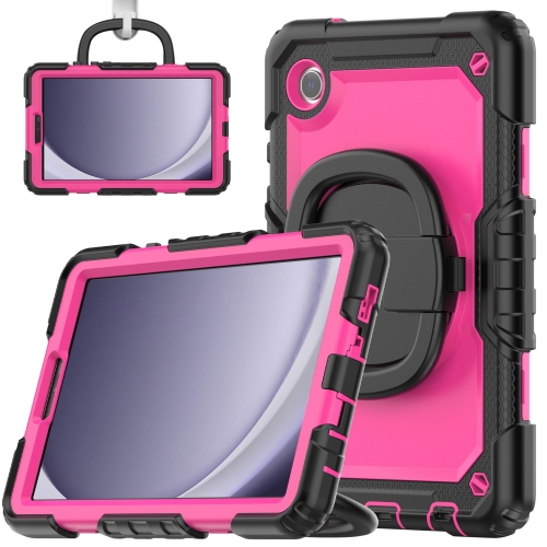 

For Samsung Galaxy Tab A9 Handle Silicone Hydric PC Tablet Case with Shoulder Strap(Rose Red)