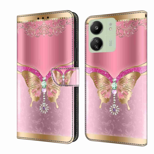 

For Xiaomi Redmi 13C Crystal 3D Shockproof Protective Leather Phone Case(Pink Bottom Butterfly)
