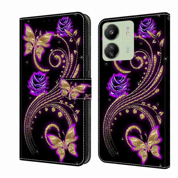 

For Xiaomi Redmi 13C Crystal 3D Shockproof Protective Leather Phone Case(Purple Flower Butterfly)