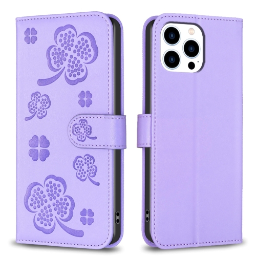 

For iPhone 15 Pro Max Four-leaf Embossed Leather Phone Case(Purple)