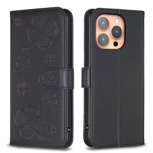 

For iPhone 15 Pro Four-leaf Embossed Leather Phone Case(Black)