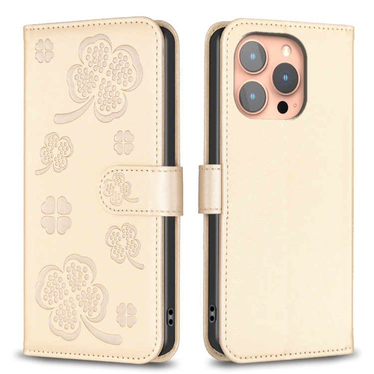 

For iPhone 15 Pro Four-leaf Embossed Leather Phone Case(Gold)