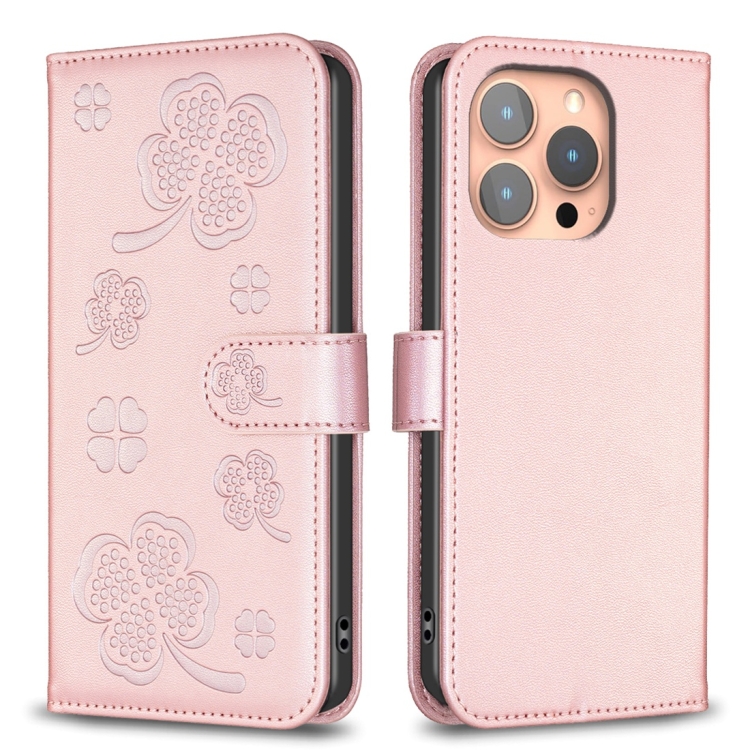 

For iPhone 15 Pro Four-leaf Embossed Leather Phone Case(Pink)