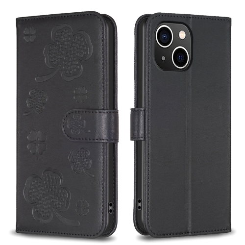 

For iPhone 15 Four-leaf Embossed Leather Phone Case(Black)