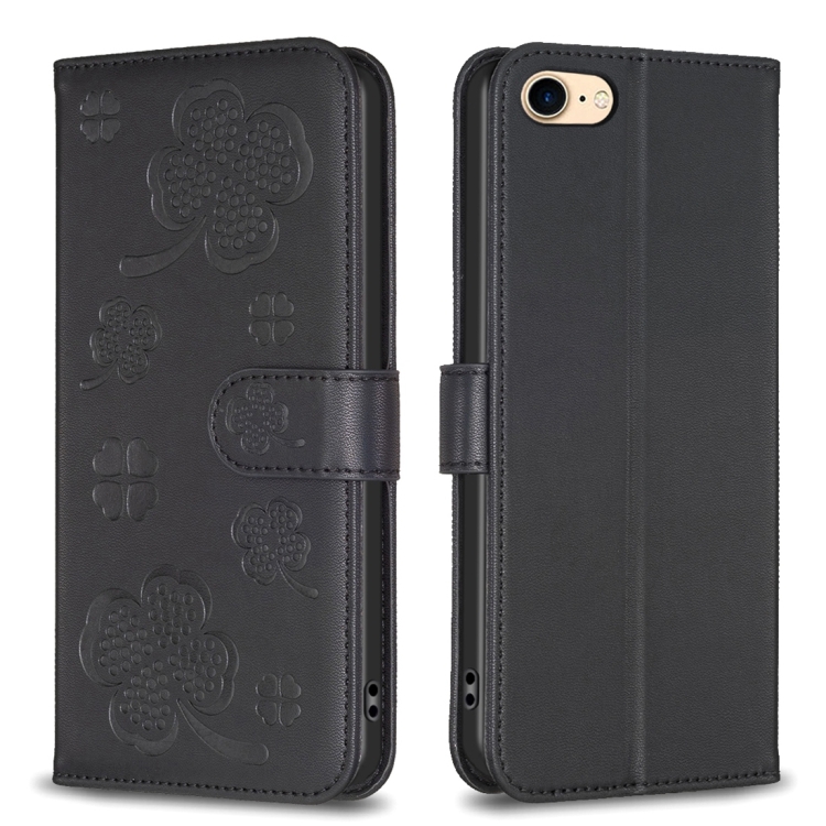 

For iPhone 7 / 8 / SE 2022 Four-leaf Embossed Leather Phone Case(Black)