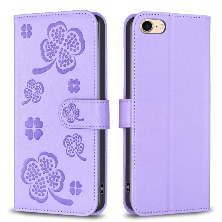 

For iPhone 7 / 8 / SE 2022 Four-leaf Embossed Leather Phone Case(Purple)