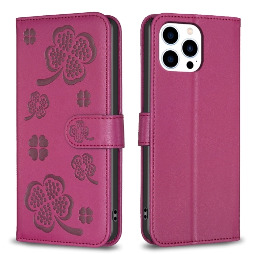 

For iPhone 13 Pro Max Four-leaf Embossed Leather Phone Case(Rose Red)