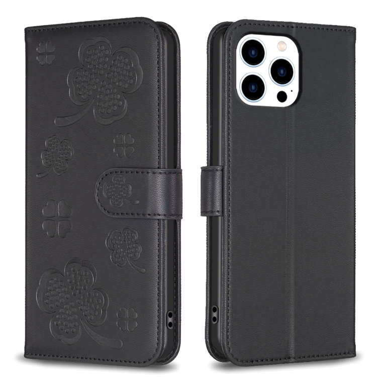 

For iPhone 13 Pro Max Four-leaf Embossed Leather Phone Case(Black)