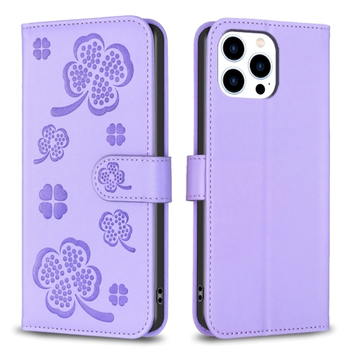 

For iPhone 13 Pro Max Four-leaf Embossed Leather Phone Case(Purple)
