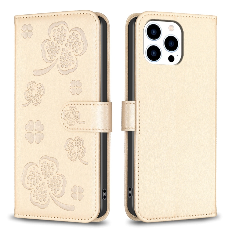 

For iPhone 13 Pro Max Four-leaf Embossed Leather Phone Case(Gold)