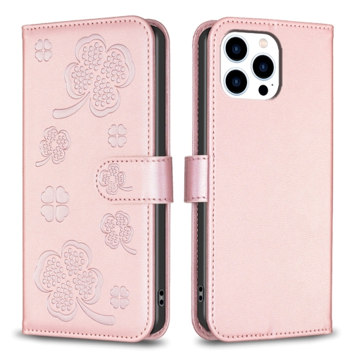 

For iPhone 13 Pro Max Four-leaf Embossed Leather Phone Case(Pink)