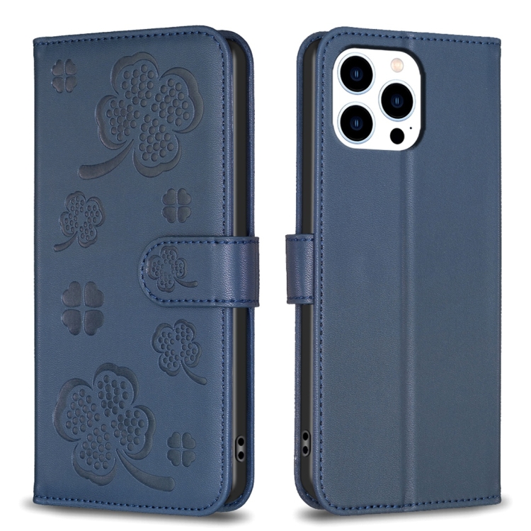 

For iPhone 13 Pro Four-leaf Embossed Leather Phone Case(Blue)
