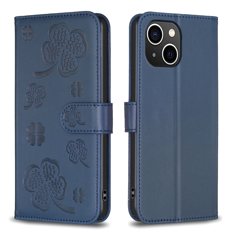 

For iPhone 13 Four-leaf Embossed Leather Phone Case(Blue)