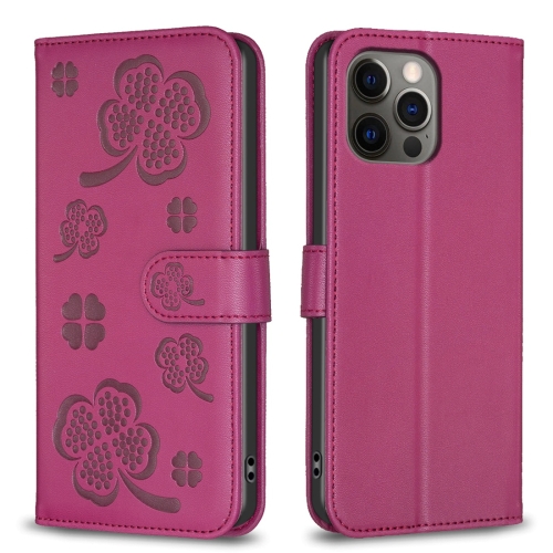 

For iPhone 12 / 12 Pro Four-leaf Embossed Leather Phone Case(Rose Red)