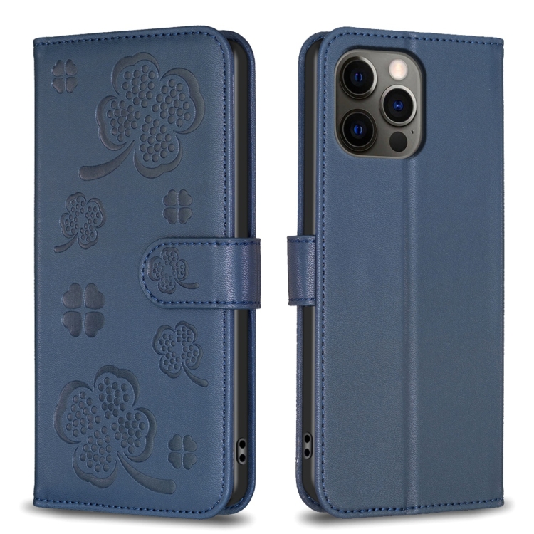

For iPhone 12 / 12 Pro Four-leaf Embossed Leather Phone Case(Blue)
