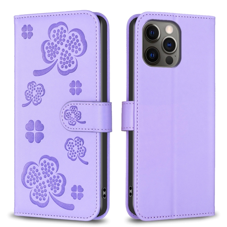

For iPhone 12 / 12 Pro Four-leaf Embossed Leather Phone Case(Purple)