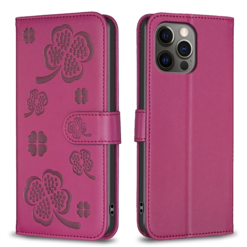 

For iPhone 12 Pro Max Four-leaf Embossed Leather Phone Case(Rose Red)