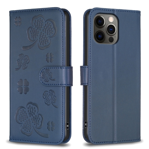 

For iPhone 12 Pro Max Four-leaf Embossed Leather Phone Case(Blue)