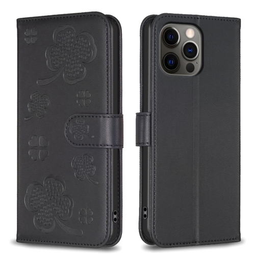 

For iPhone 12 Pro Max Four-leaf Embossed Leather Phone Case(Black)