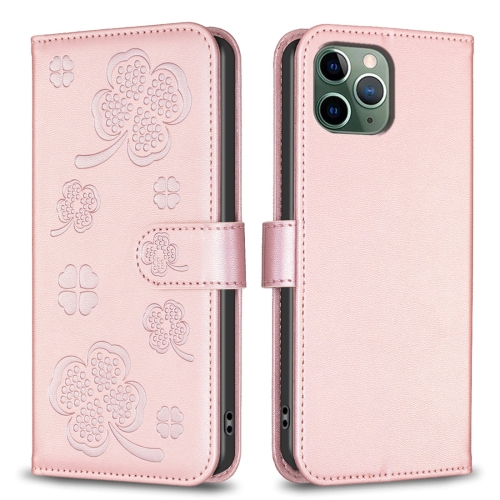 

For iPhone 11 Pro Max Four-leaf Embossed Leather Phone Case(Pink)