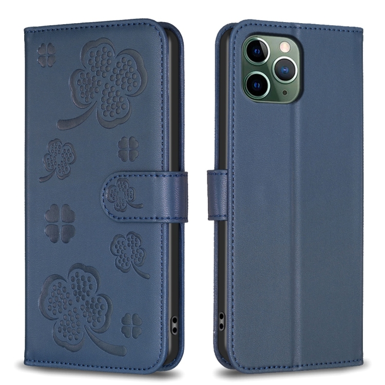

For iPhone 11 Pro Four-leaf Embossed Leather Phone Case(Blue)
