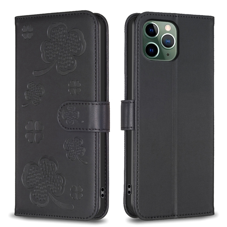 

For iPhone 11 Pro Four-leaf Embossed Leather Phone Case(Black)