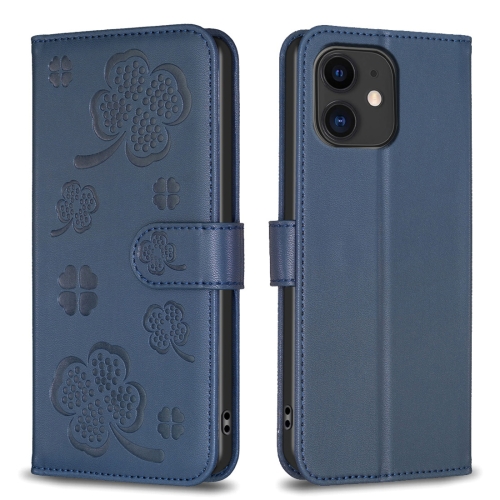 

For iPhone 11 Four-leaf Embossed Leather Phone Case(Blue)