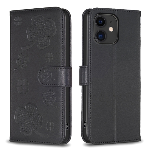 

For iPhone 11 Four-leaf Embossed Leather Phone Case(Black)