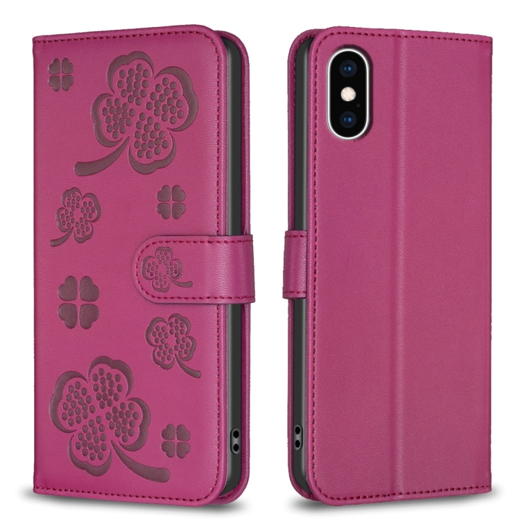

For iPhone X / XS Four-leaf Embossed Leather Phone Case(Rose Red)