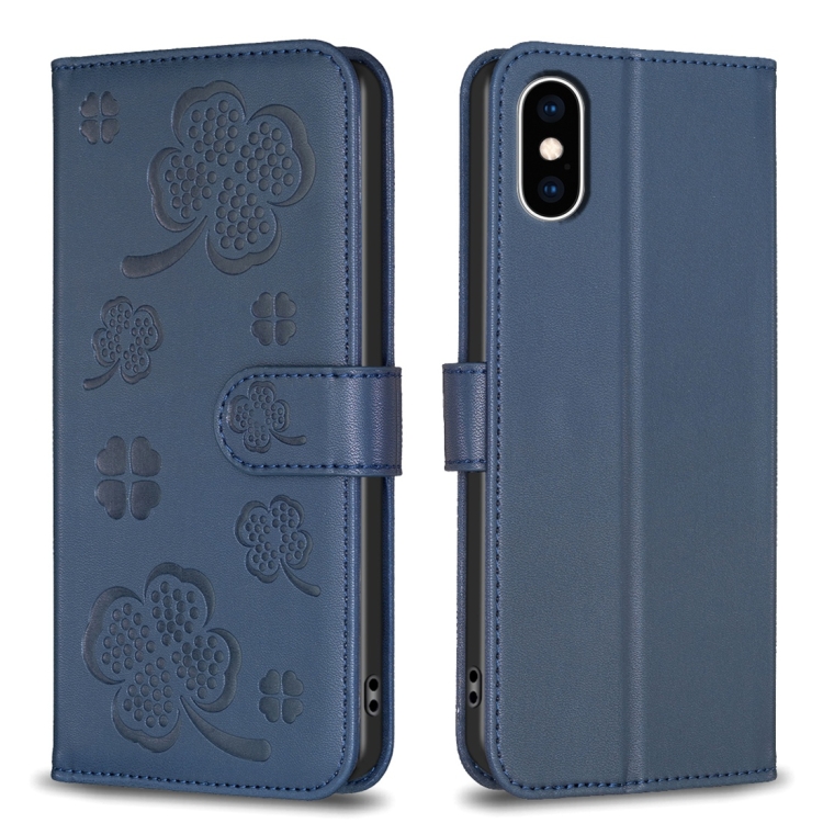 

For iPhone X / XS Four-leaf Embossed Leather Phone Case(Blue)